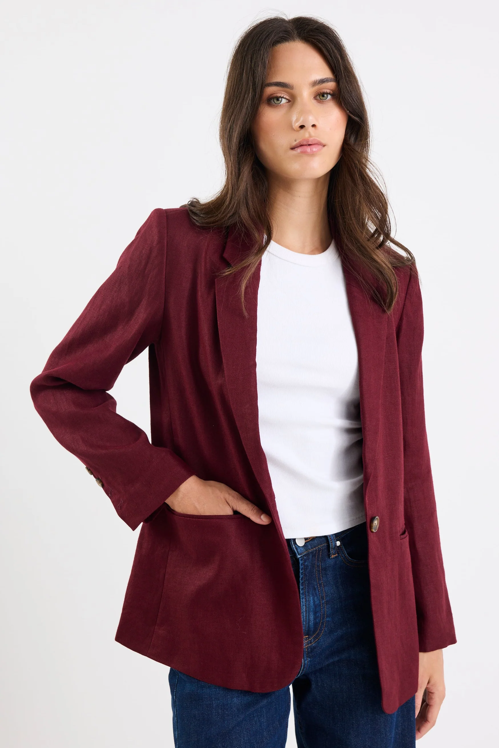 Voyant Burgundy Single Breasted Longline Blazer - Image 4