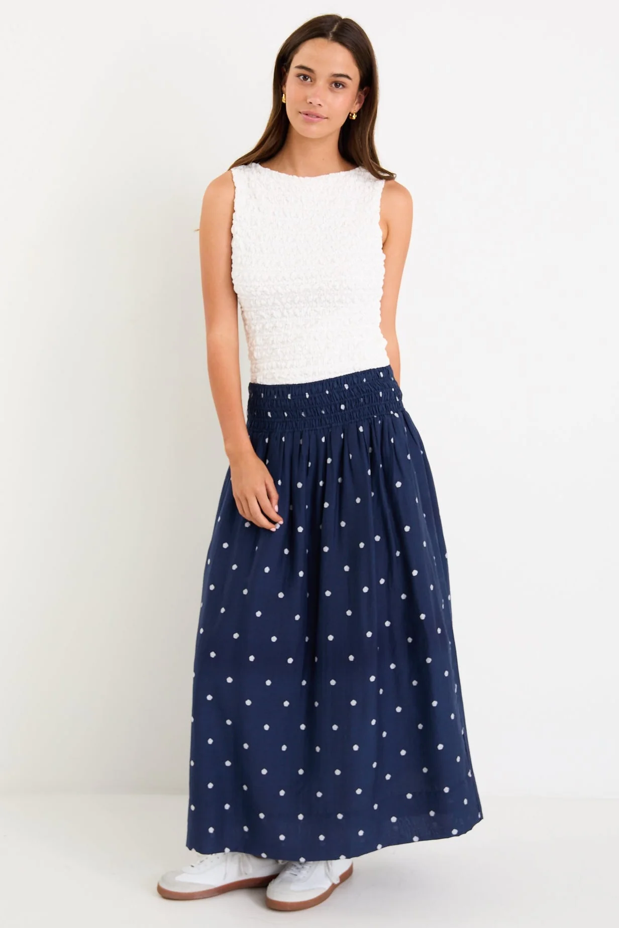 Wanderlust Navy Polka Dot Shirred Waist Maxi Skirt - Image 2