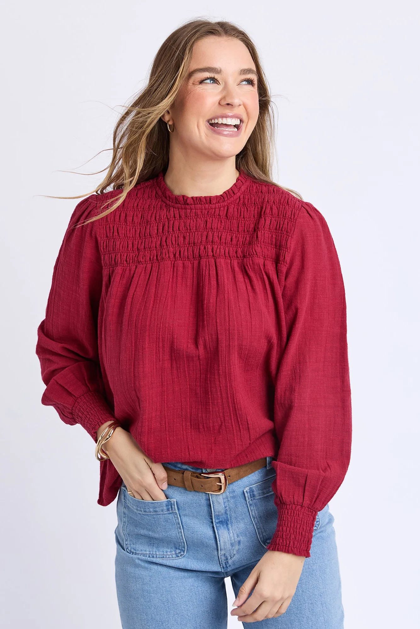Whitney Rhubarb Red Shirred LS Top - Image 5