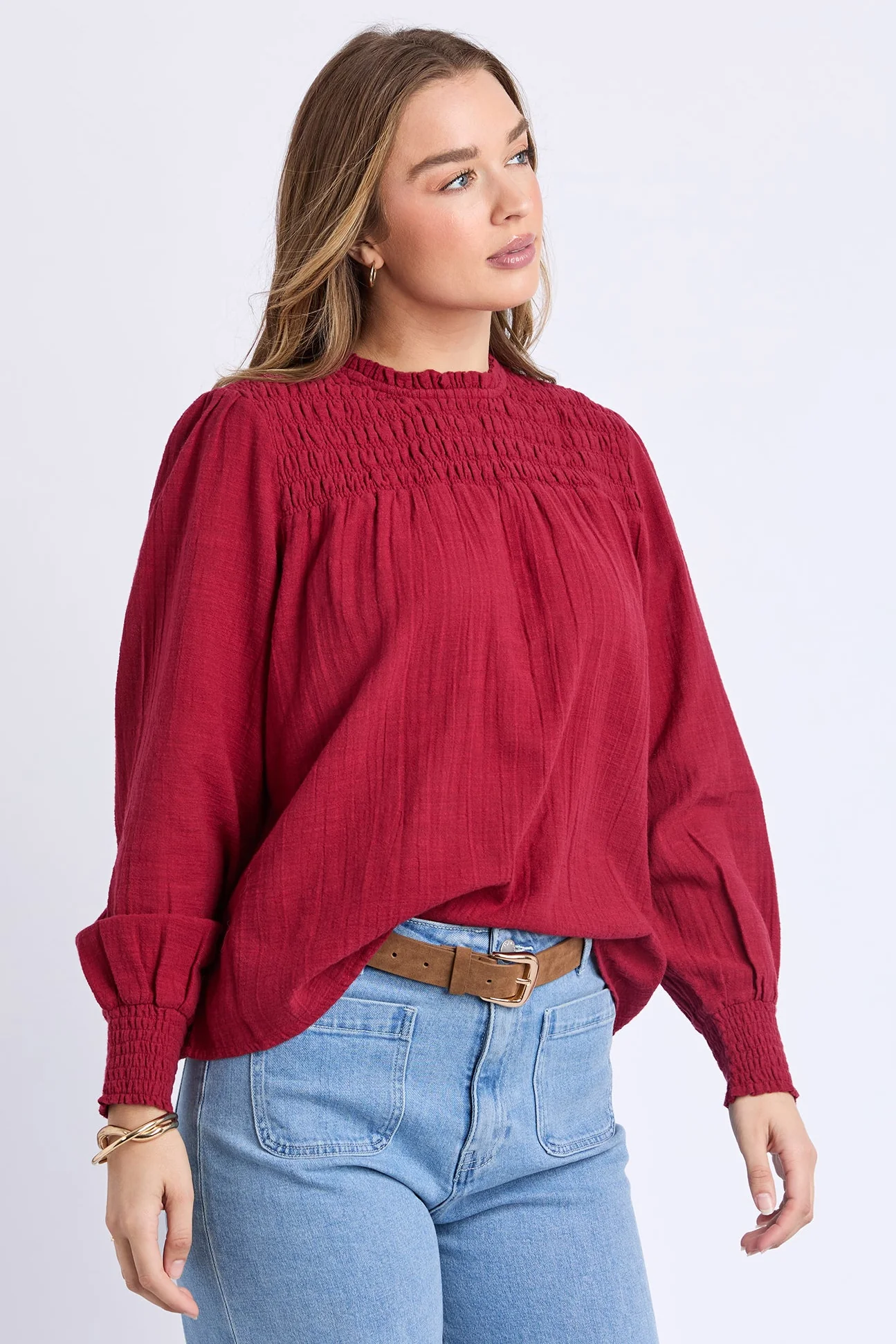Whitney Rhubarb Red Shirred LS Top - Image 6