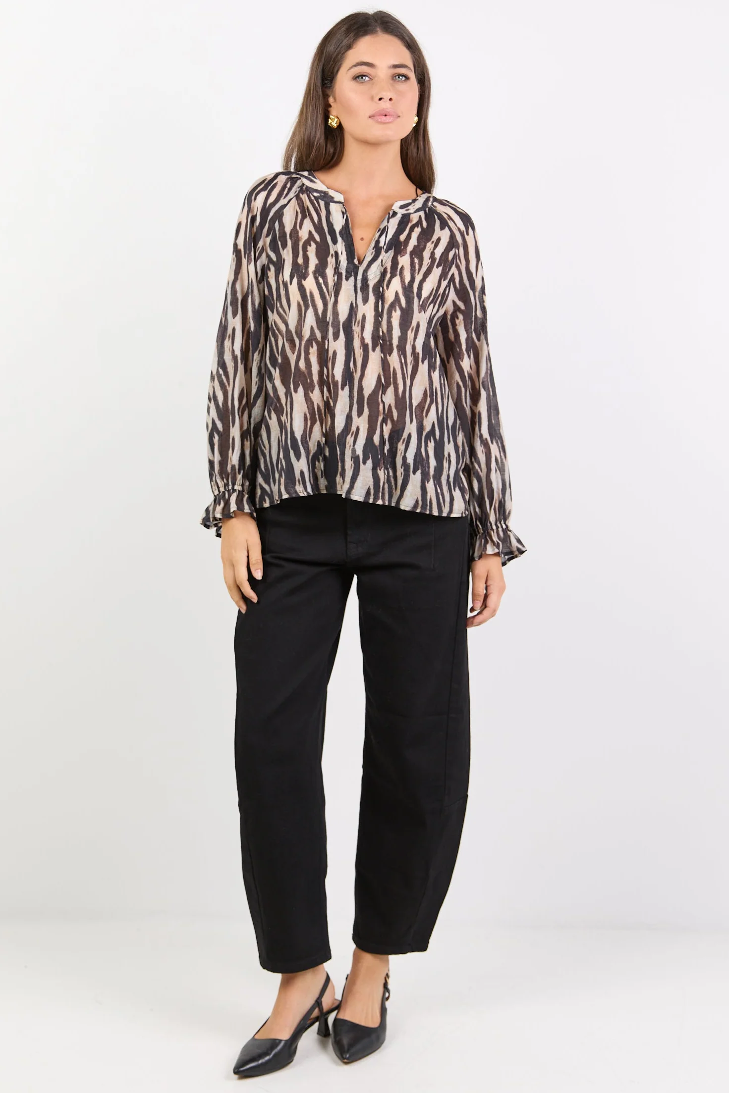 Woodland Black Zebra Tie Neck Flounce Long Sleeve Top - Image 2