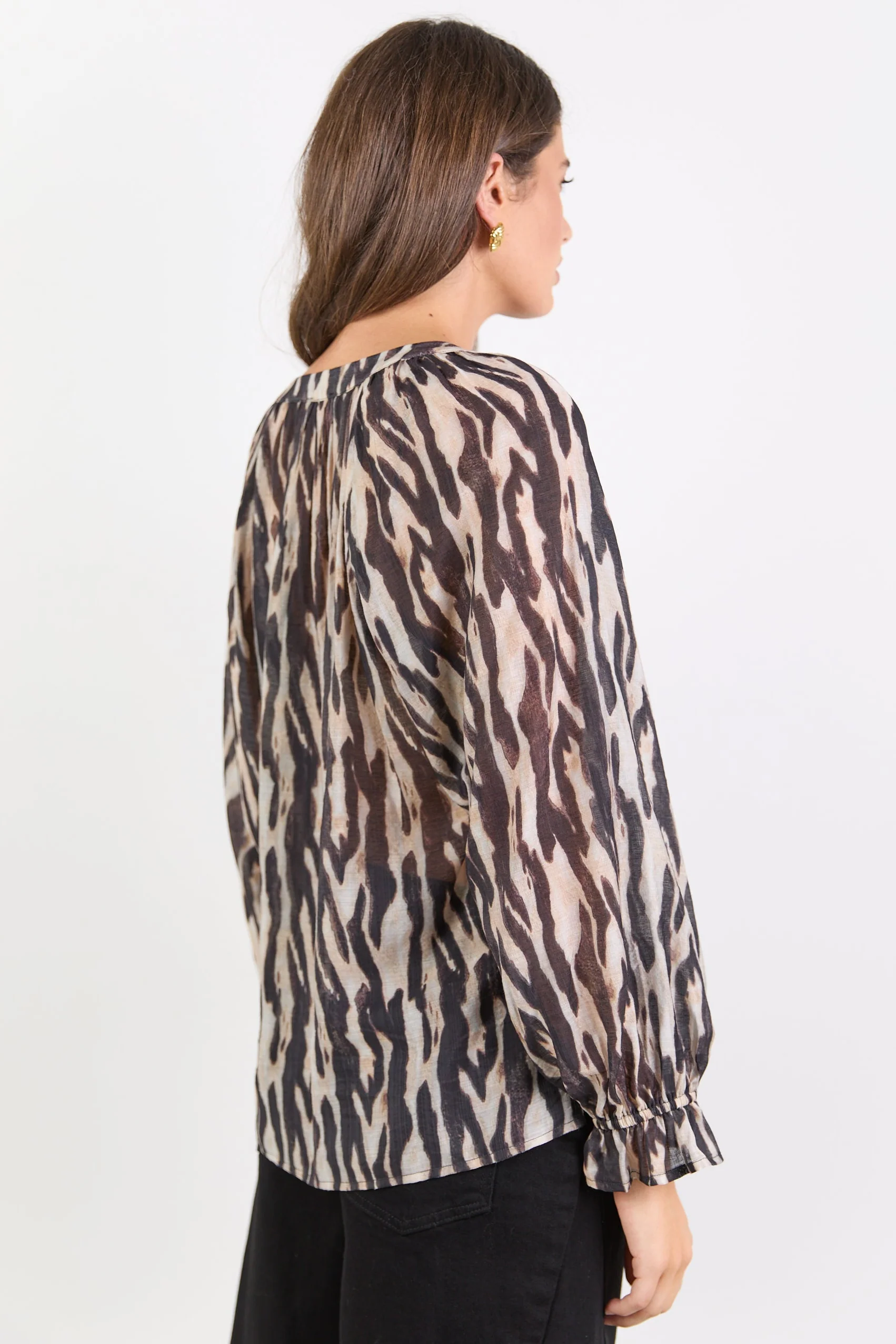 Woodland Black Zebra Tie Neck Flounce Long Sleeve Top - Image 5