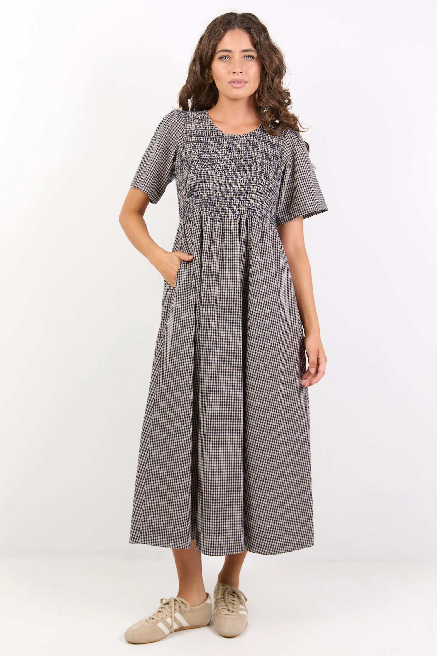 Wren Beige Navy Mini Gingham Cotton Short Sleeve Shirred Bodice Midi Dress - Image 2