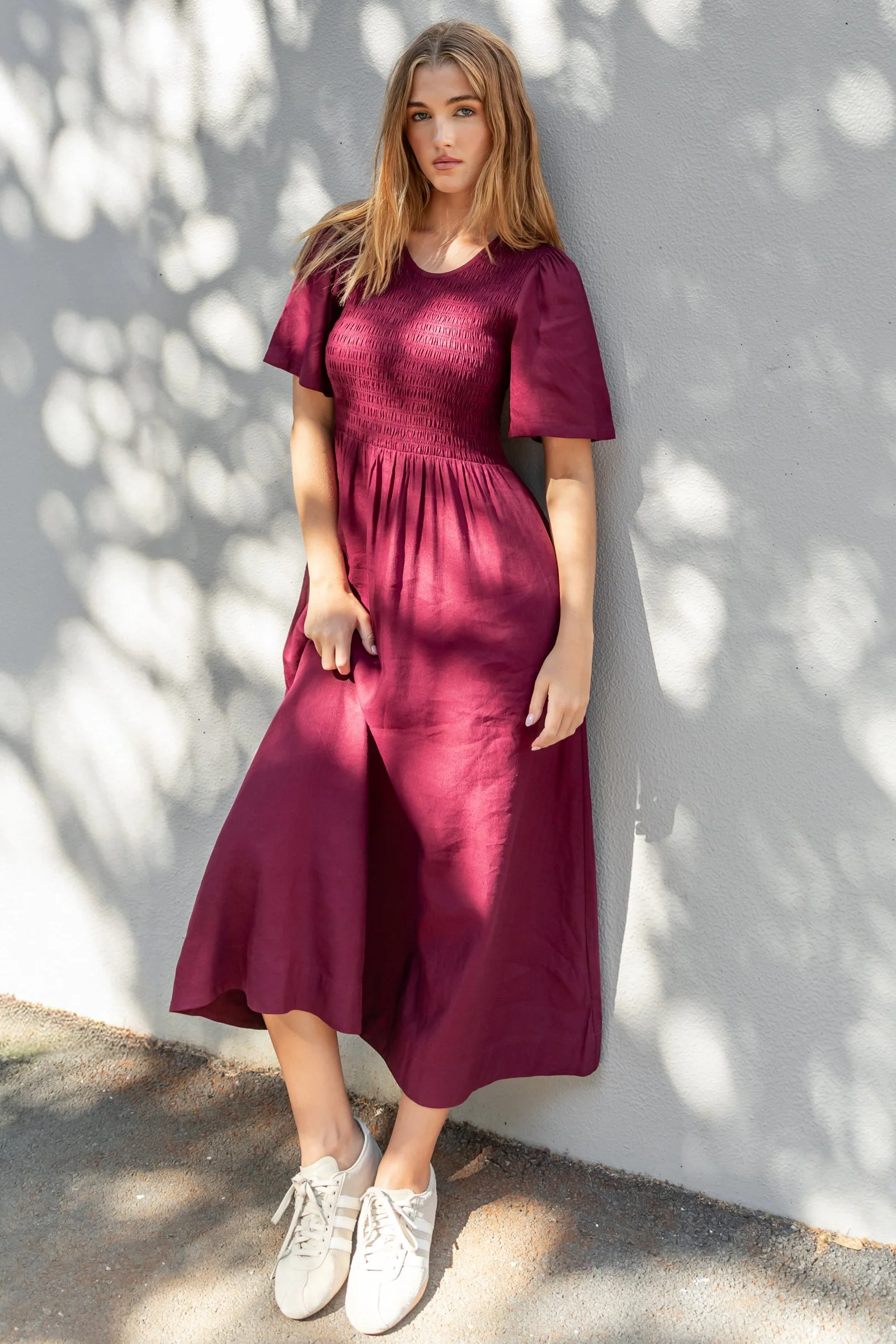 Wren Burgundy Plum SS Shirred Bodice Midi Dress - Image 2