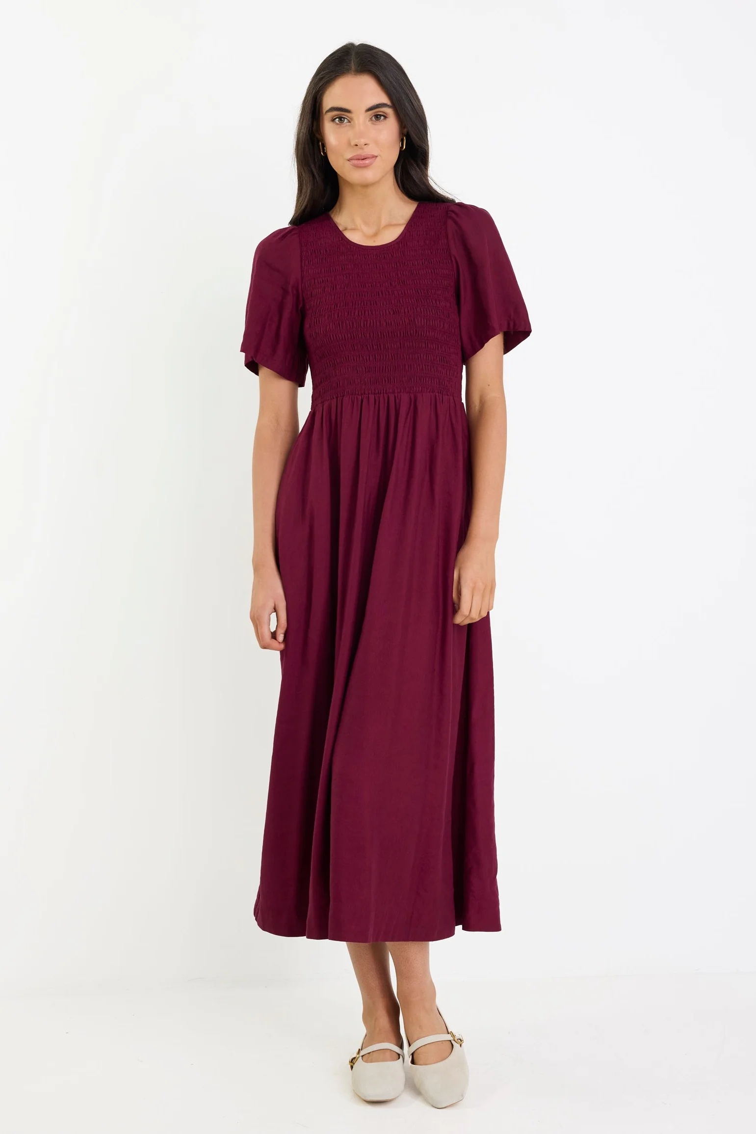 Wren Burgundy Plum SS Shirred Bodice Midi Dress - Image 3