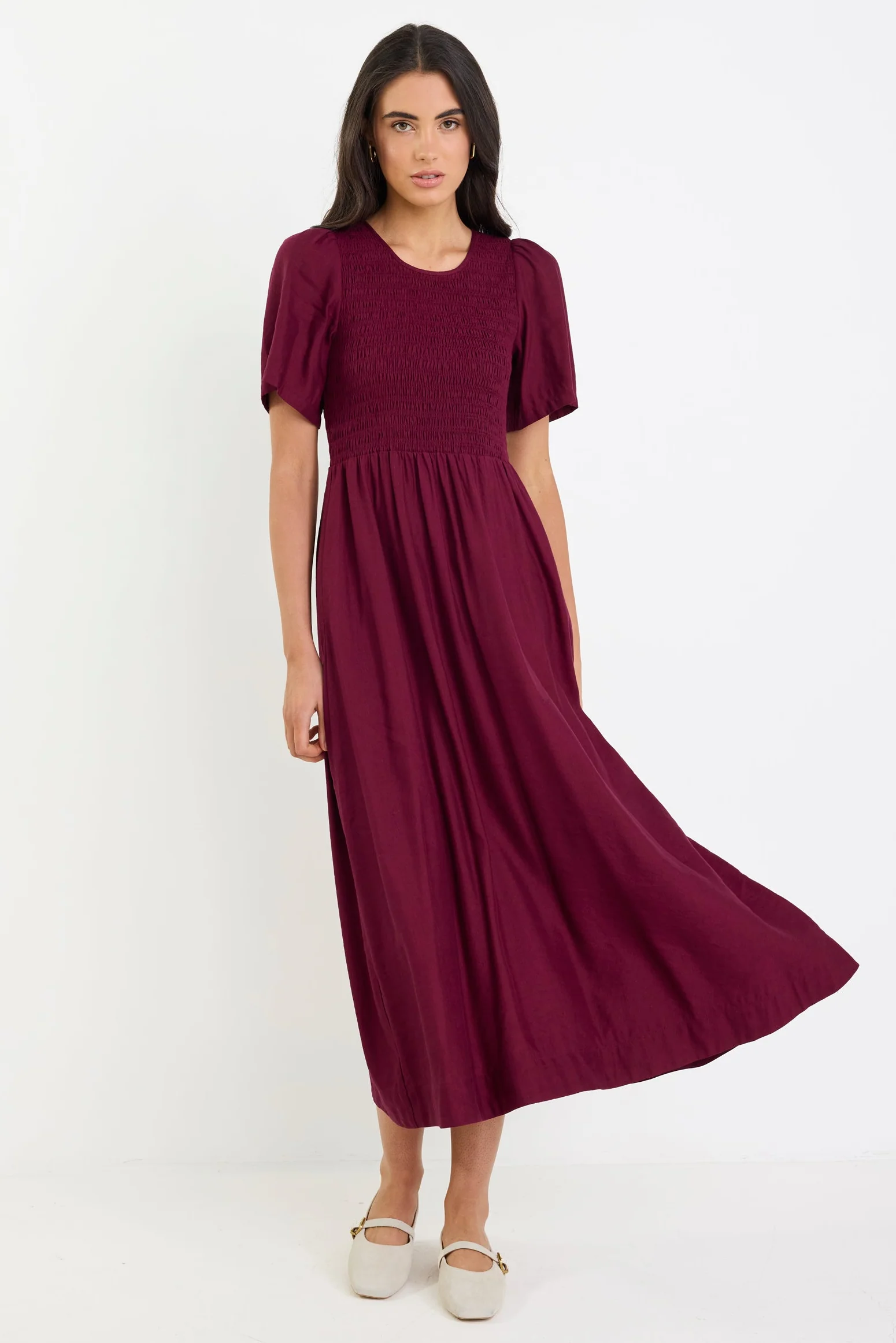 Wren Burgundy Plum SS Shirred Bodice Midi Dress - Image 5