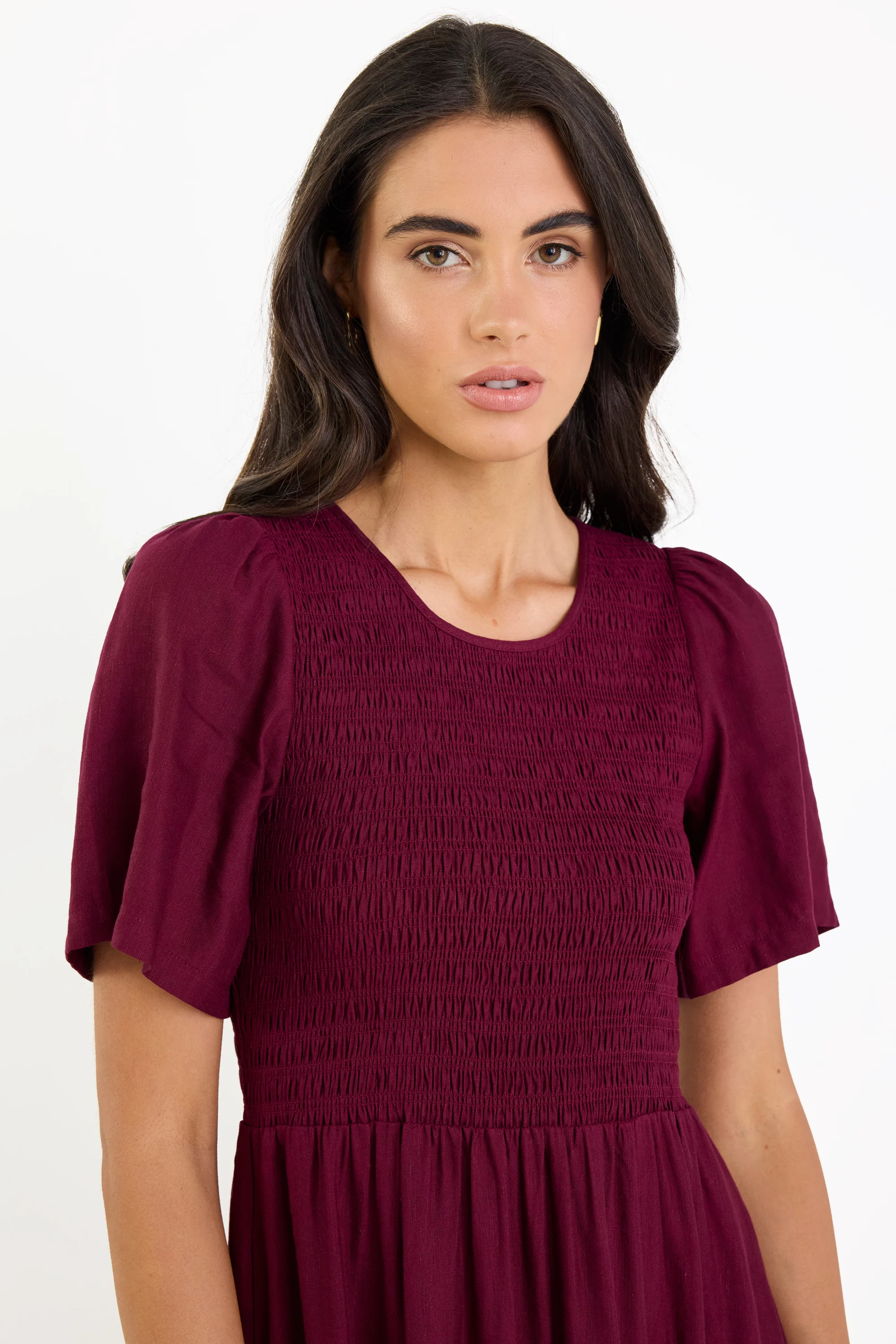 Wren Burgundy Plum SS Shirred Bodice Midi Dress - Image 6