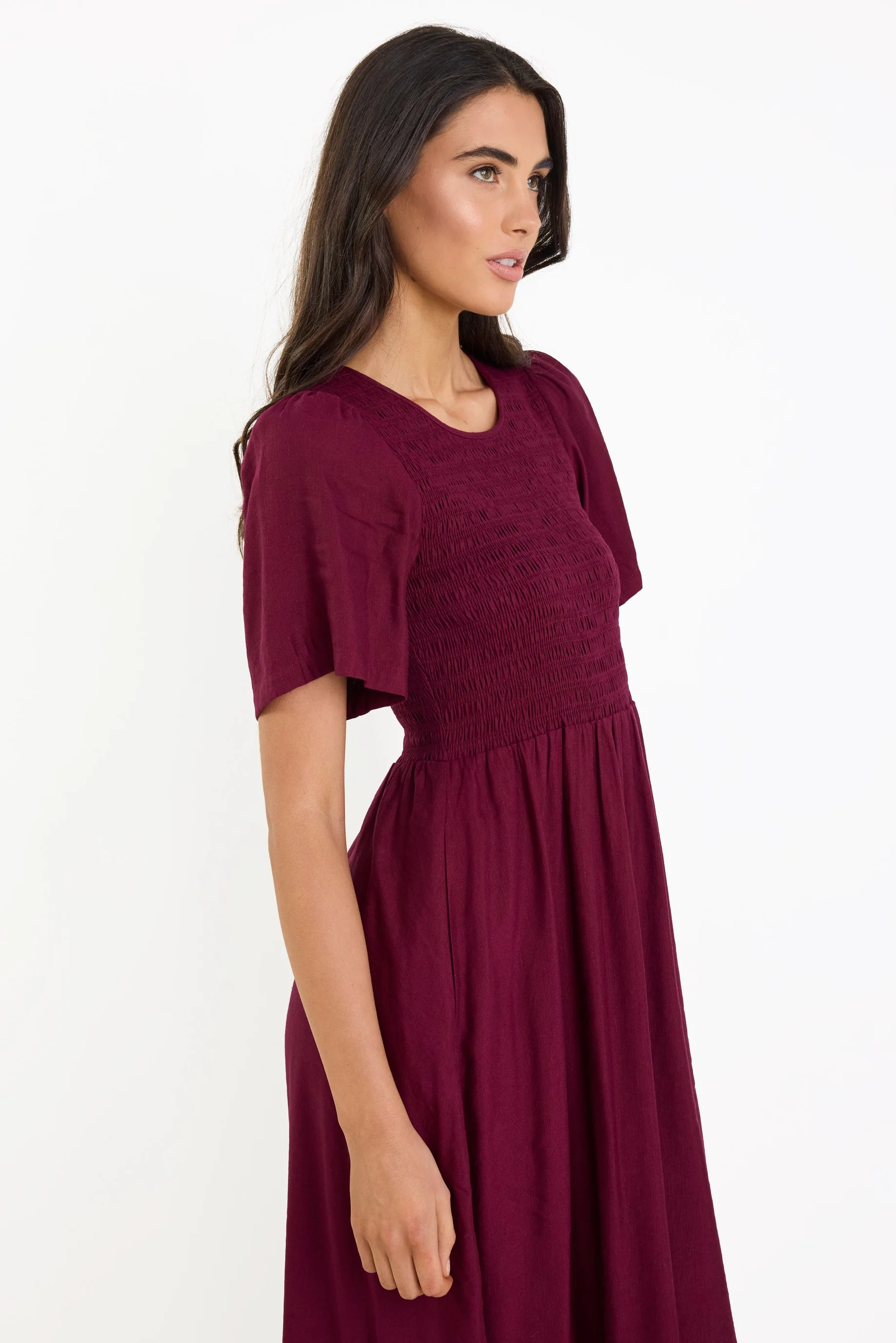Wren Burgundy Plum SS Shirred Bodice Midi Dress - Image 7