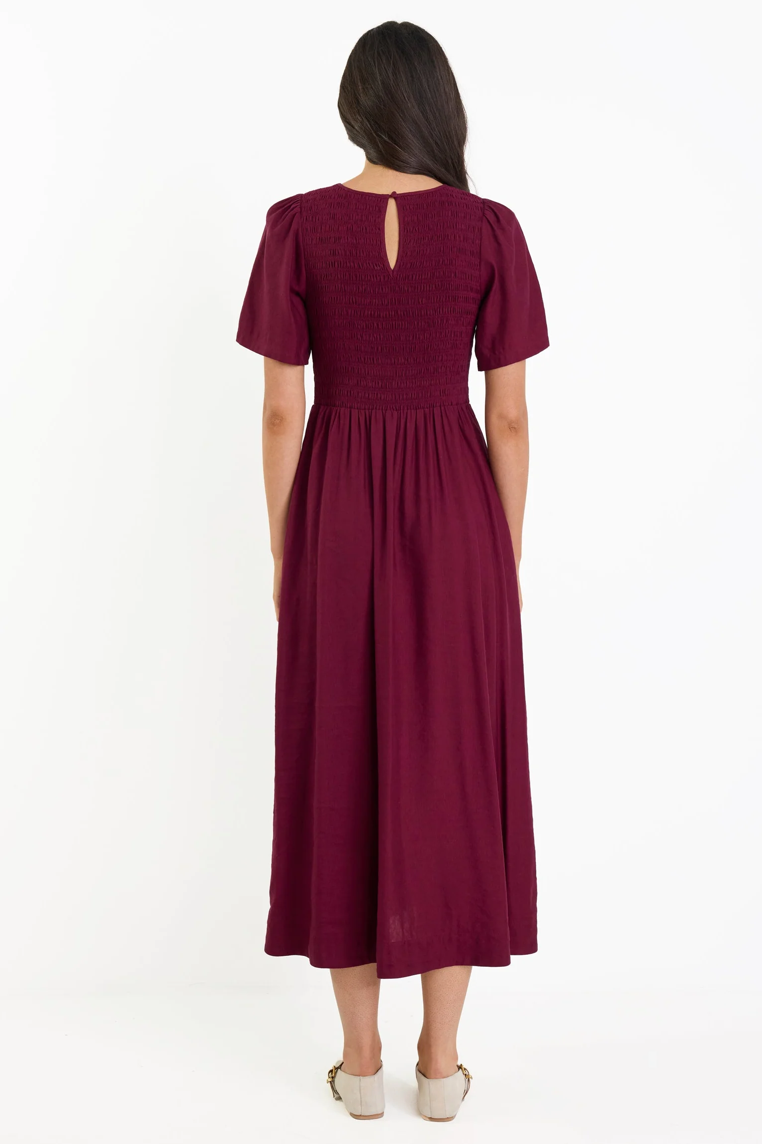 Wren Burgundy Plum SS Shirred Bodice Midi Dress - Image 8