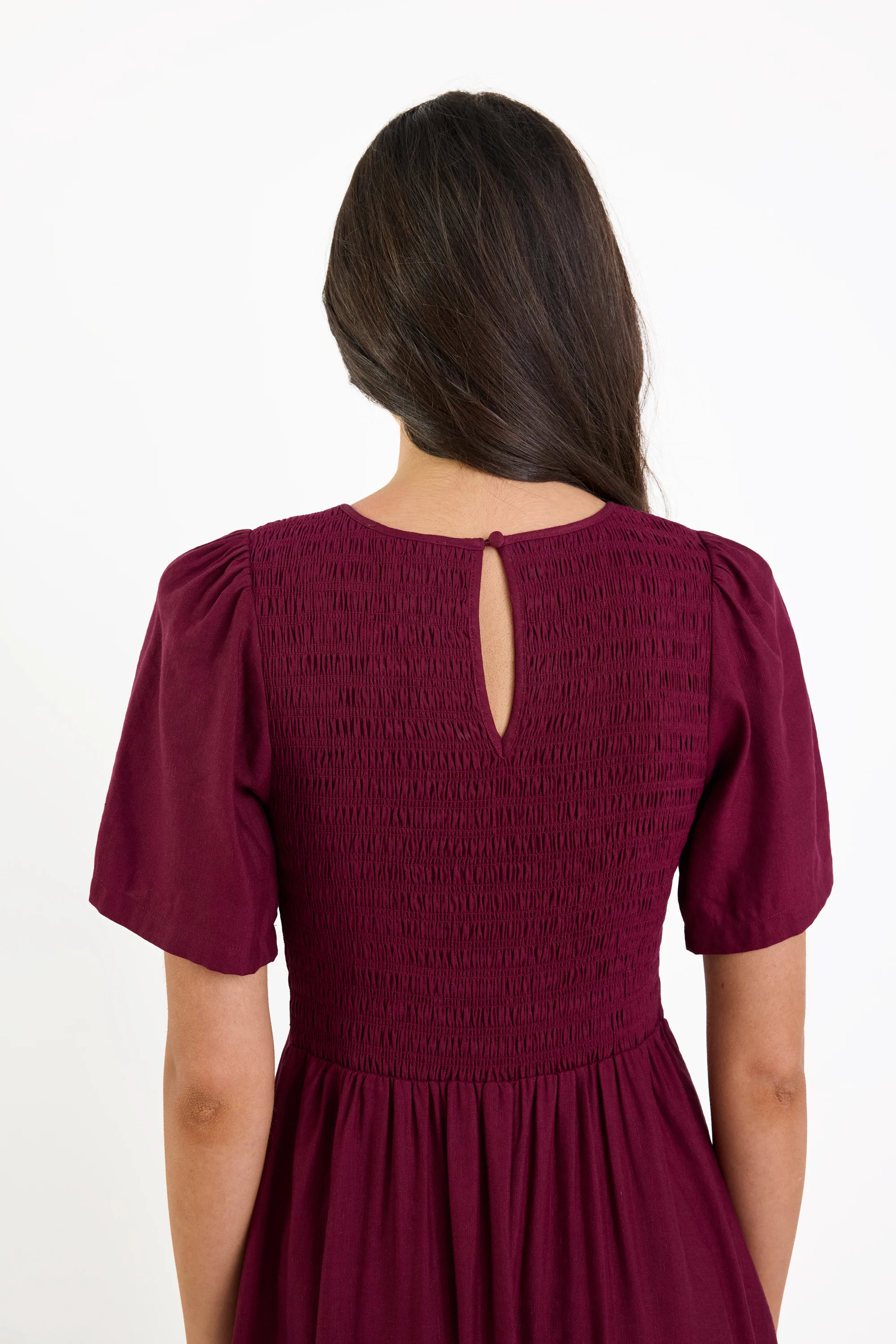 Wren Burgundy Plum SS Shirred Bodice Midi Dress - Image 9