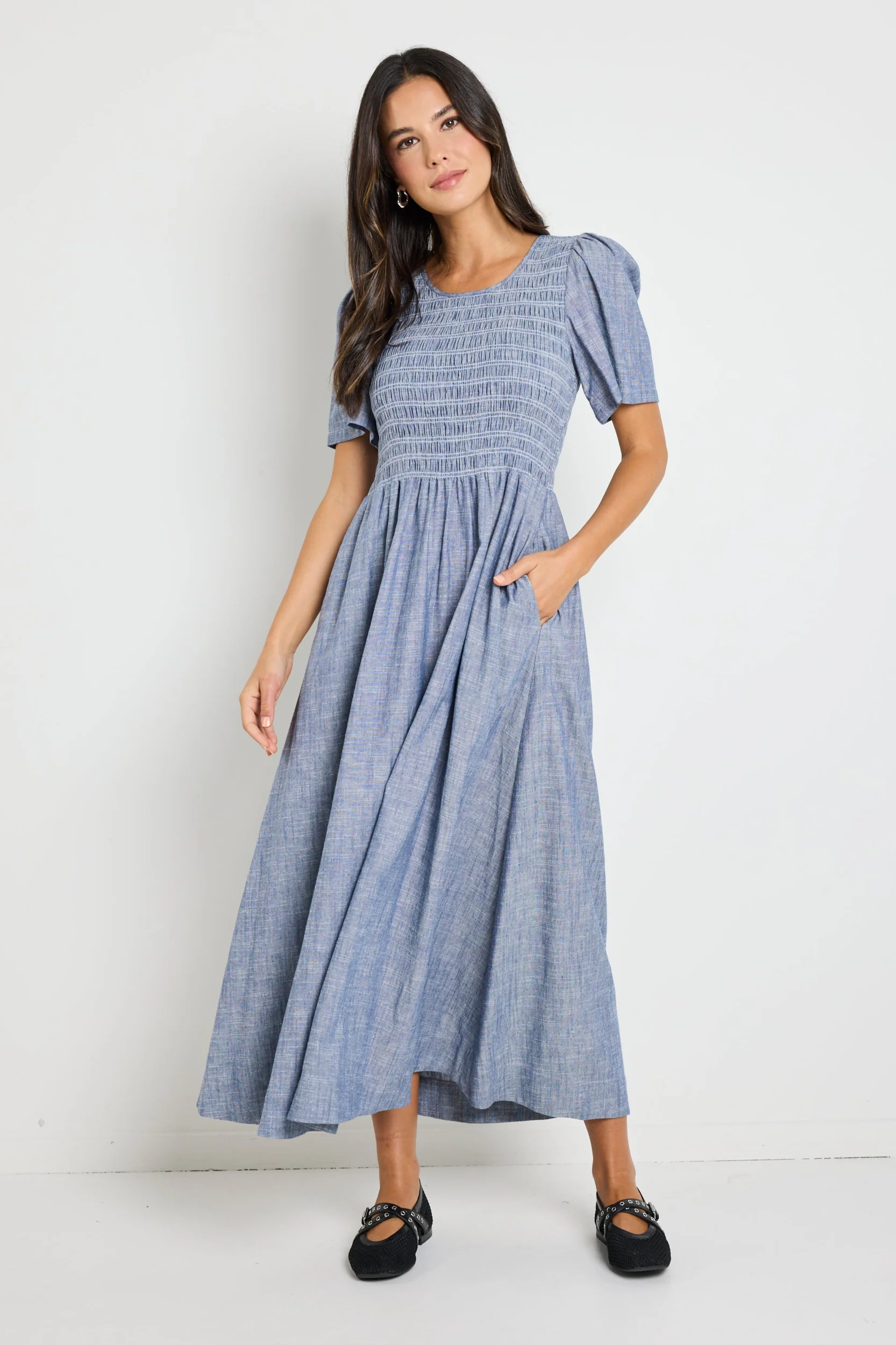 Wren Chambray Blue SS Shirred Bodice Midi Dress - Image 4