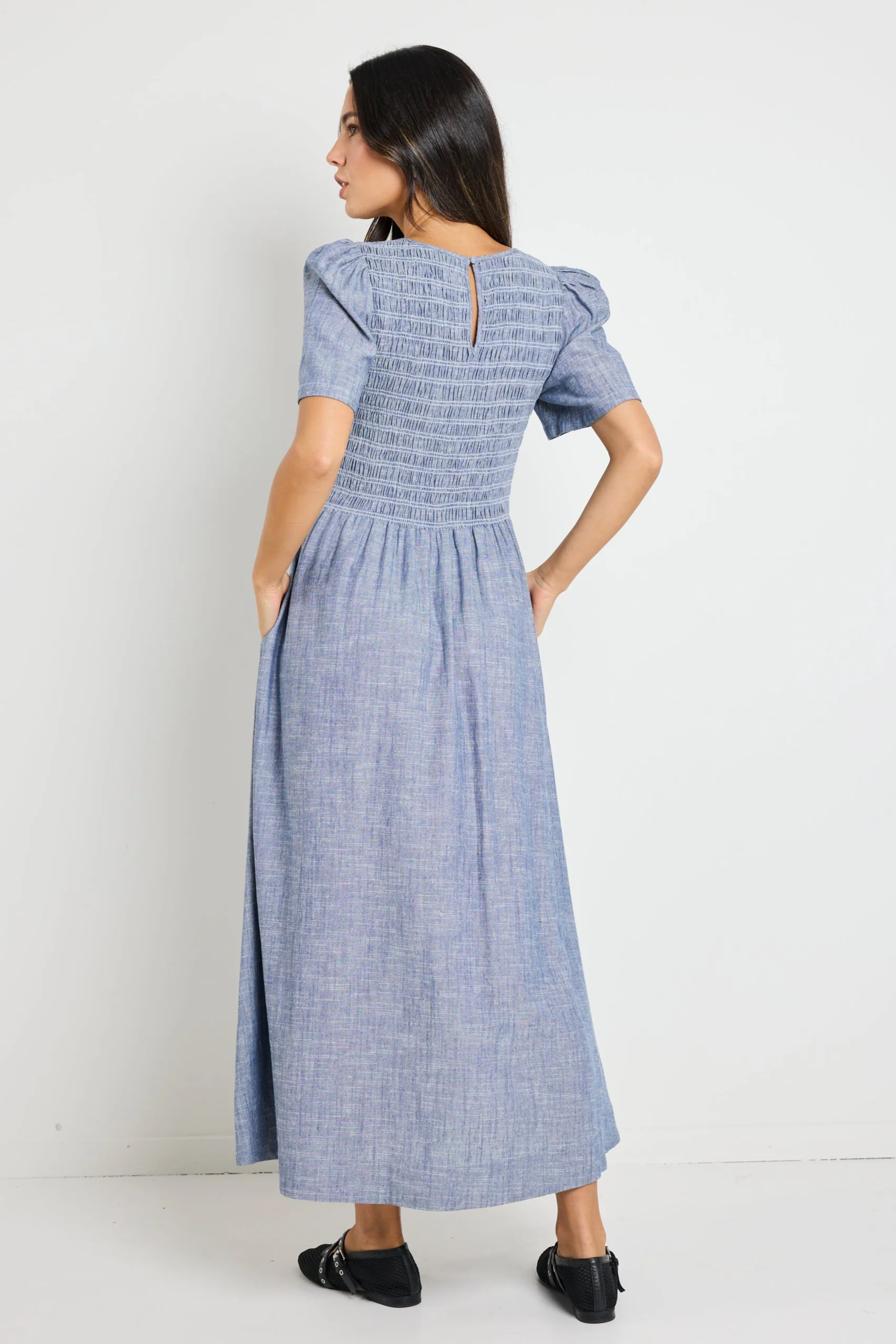Wren Chambray Blue SS Shirred Bodice Midi Dress - Image 6