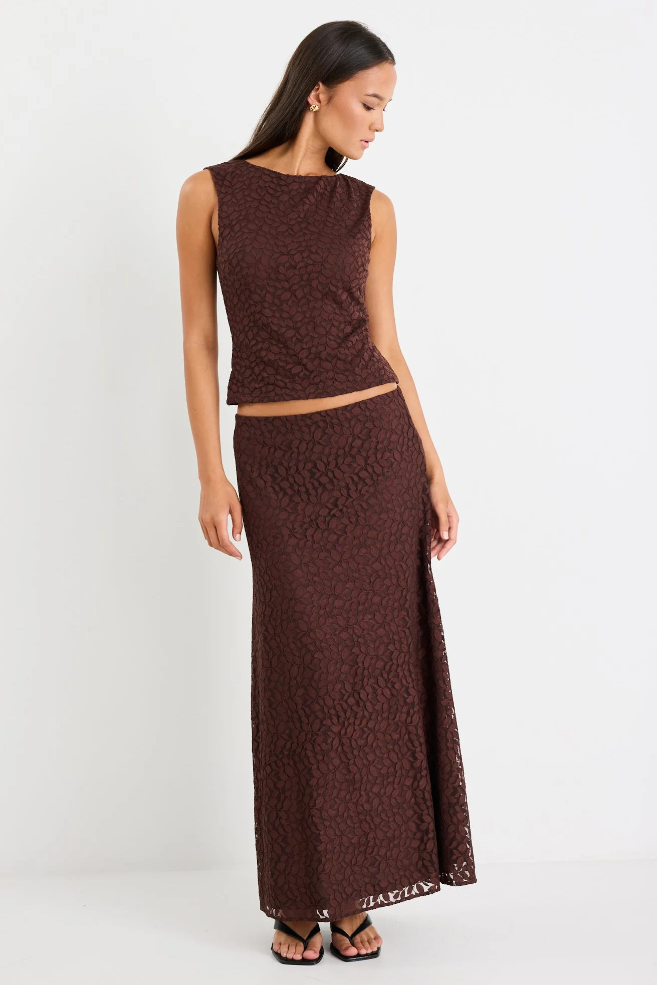 Zeus Chocolate Lace Bias Maxi Skirt - Image 4