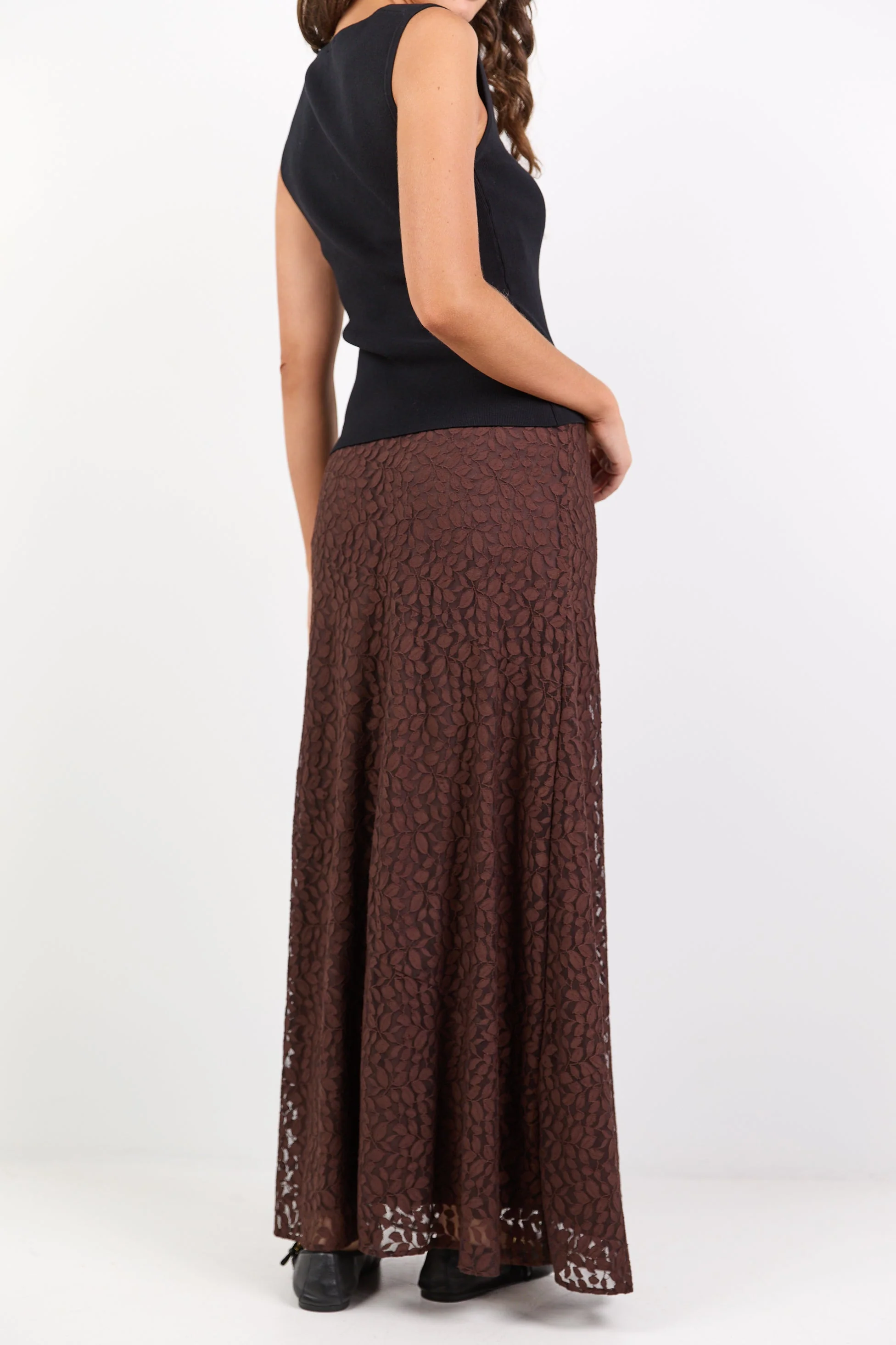 Zeus Chocolate Lace Bias Maxi Skirt - Image 6