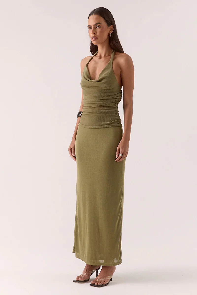 Zeya Soft Khaki Sparkle Mesh Halter Maxi Dress - Image 3