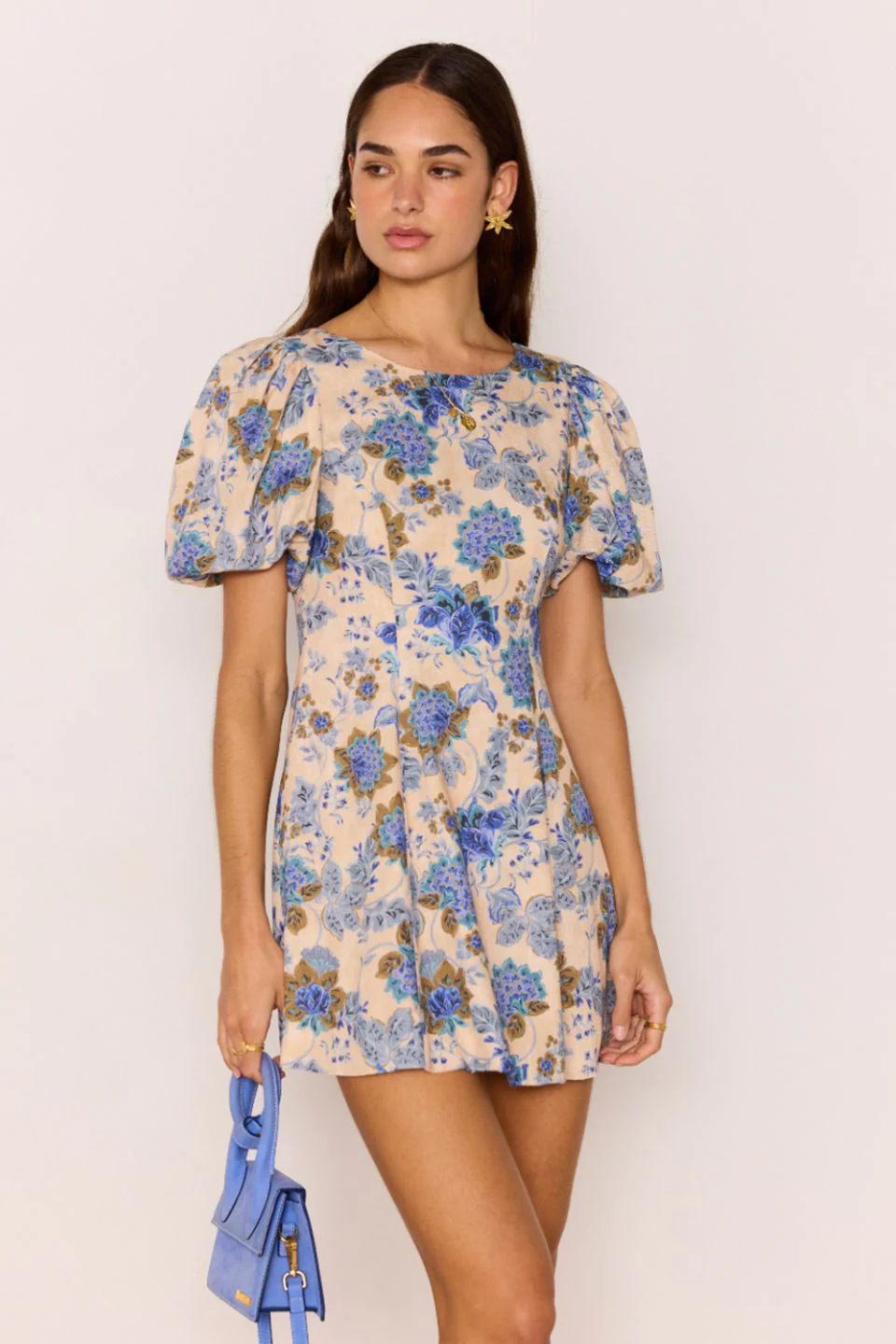 Zina Blue Beige Floral Puff Sleeve Mini Dress