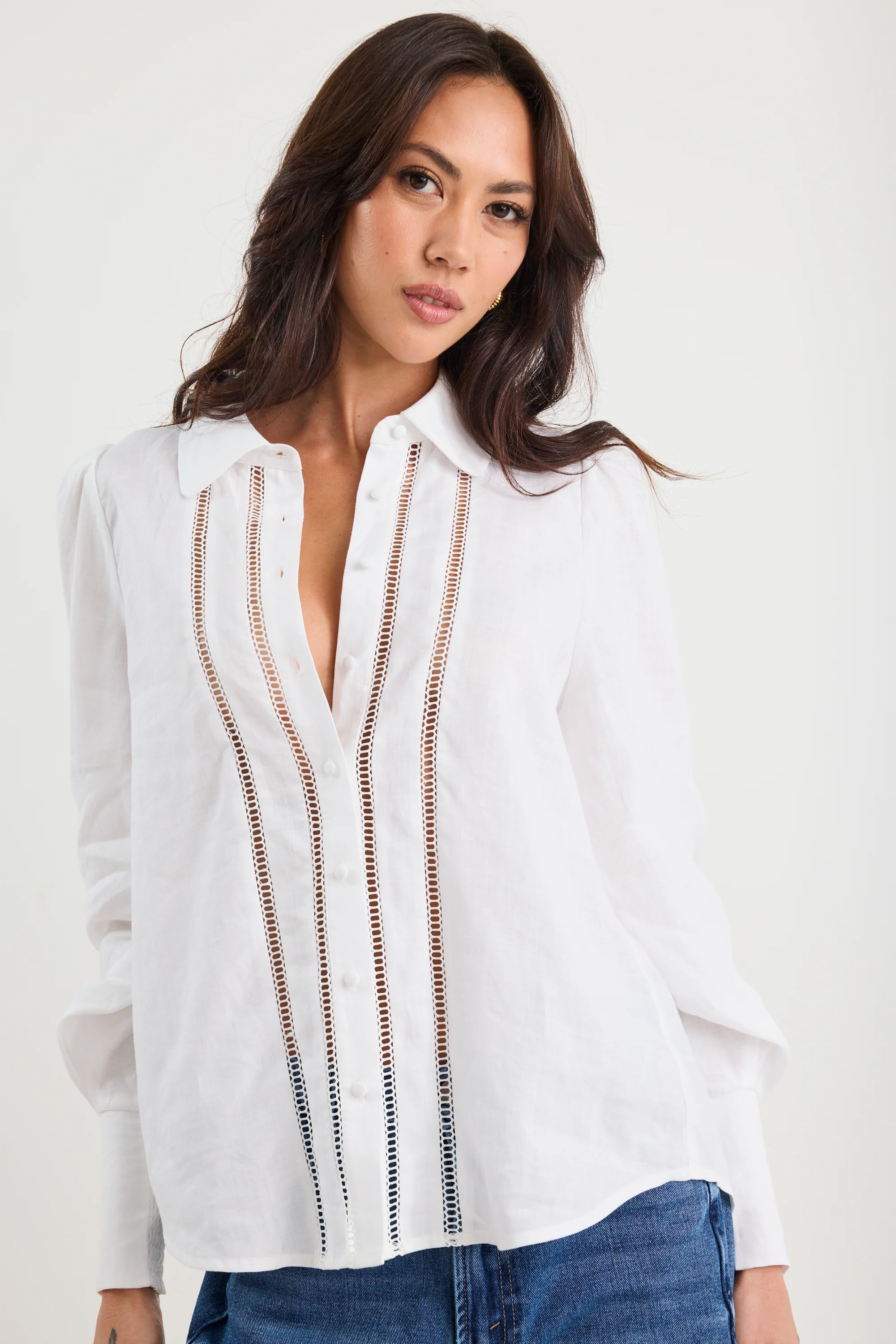 Zinnia White Ramie Lace Trim Long Sleeve Shirt - Image 2