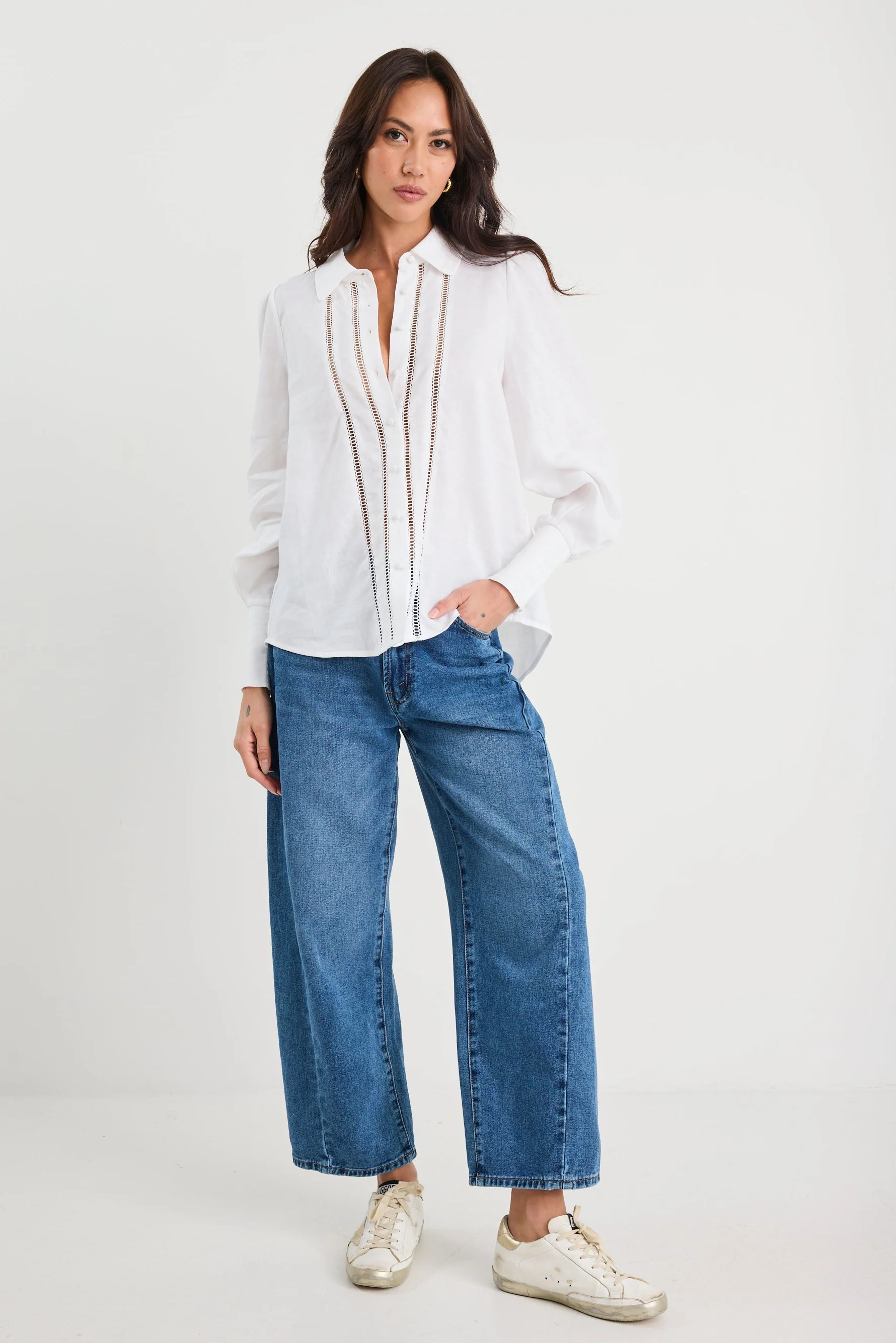 Zinnia White Ramie Lace Trim Long Sleeve Shirt - Image 3