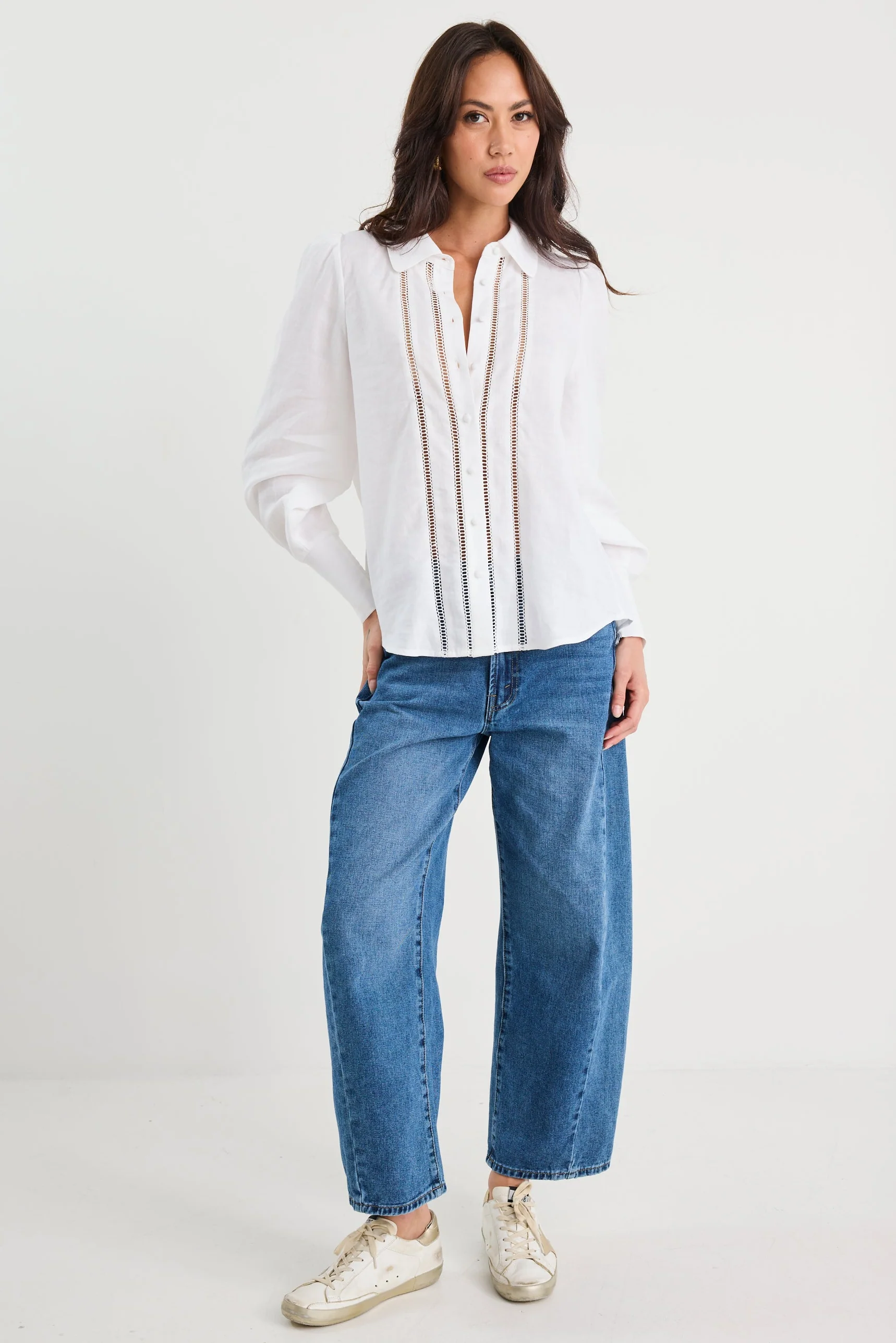 Zinnia White Ramie Lace Trim Long Sleeve Shirt - Image 5