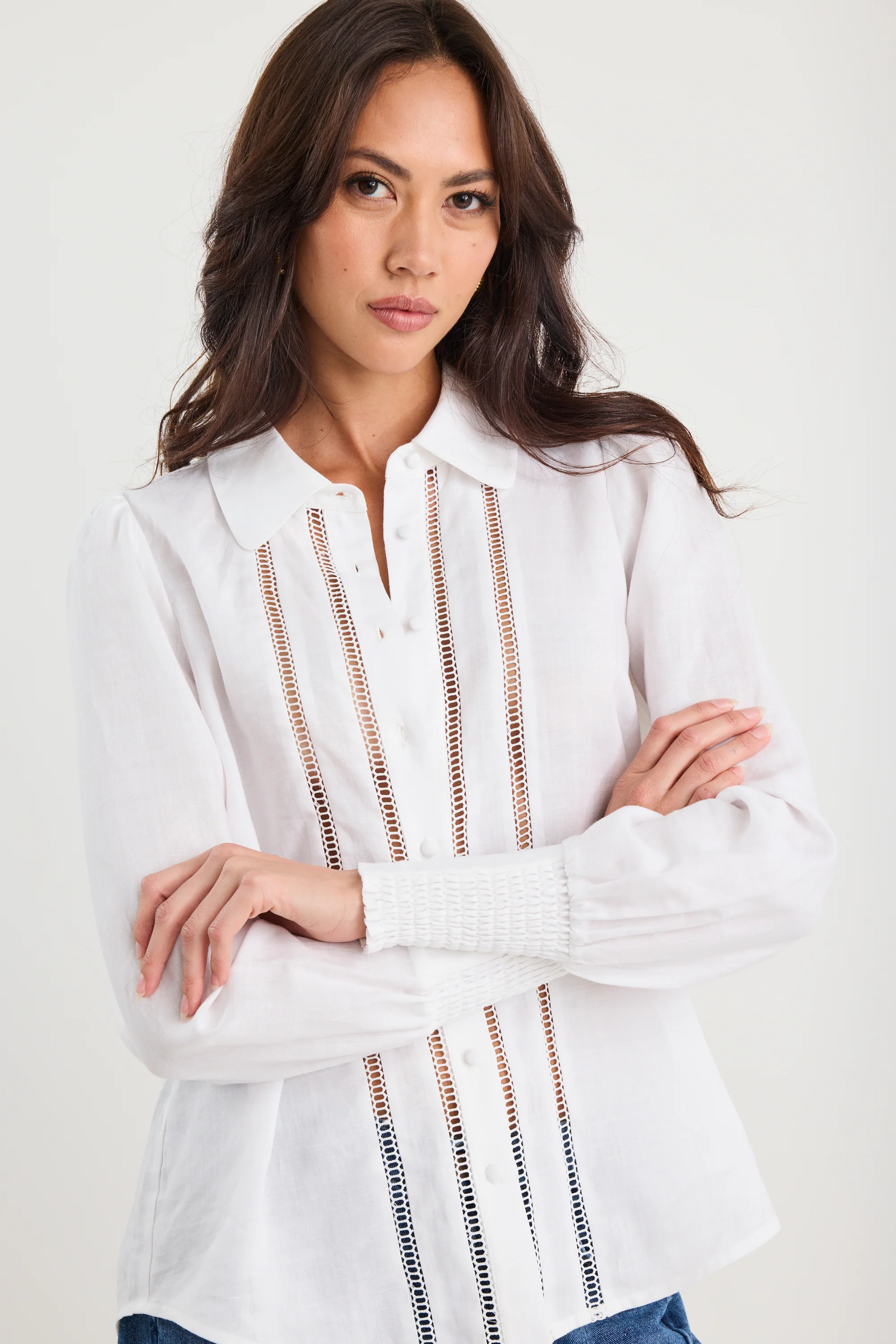 Zinnia White Ramie Lace Trim Long Sleeve Shirt - Image 6