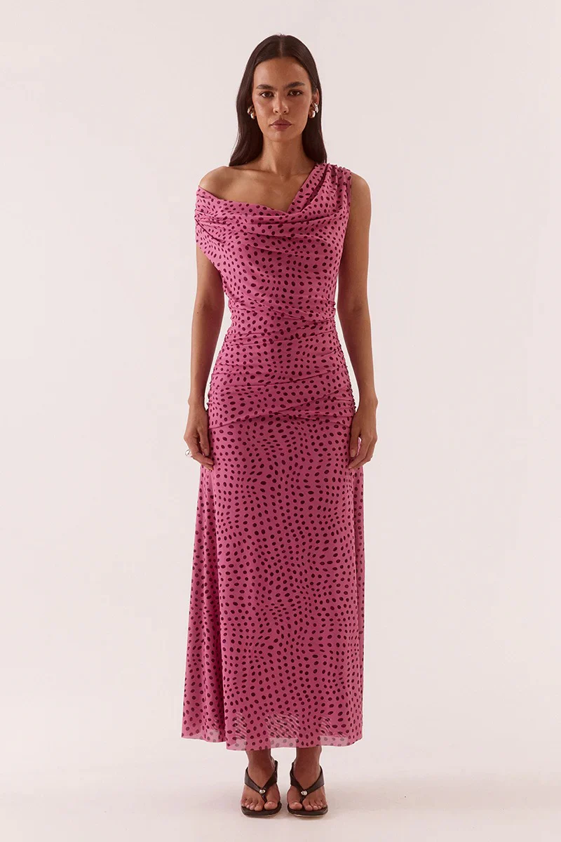 Zuri Mauve Spot Cowl Neck Sleeveless Maxi Dress