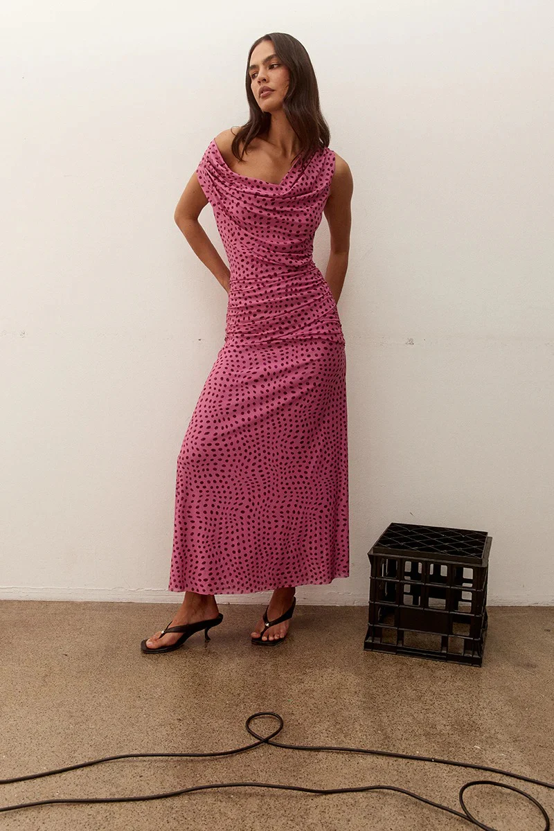 Zuri Mauve Spot Cowl Neck Sleeveless Maxi Dress - Image 2