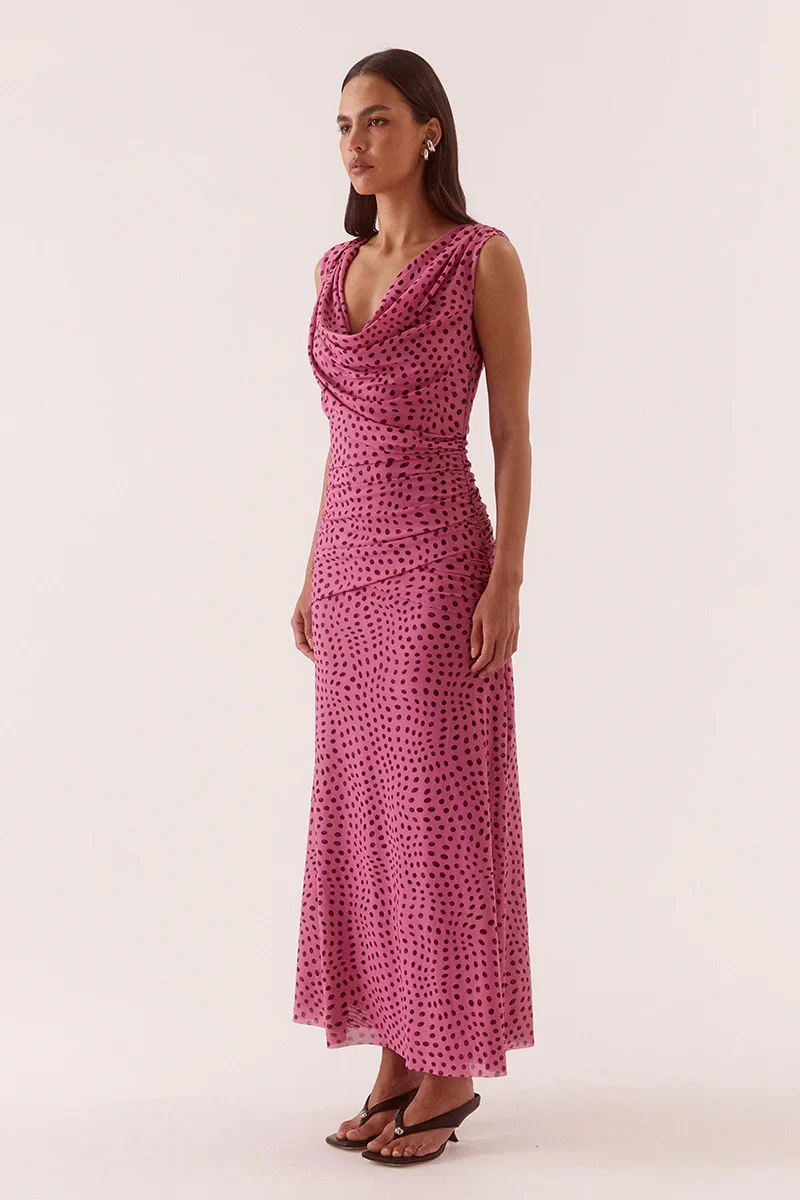 Zuri Mauve Spot Cowl Neck Sleeveless Maxi Dress - Image 3